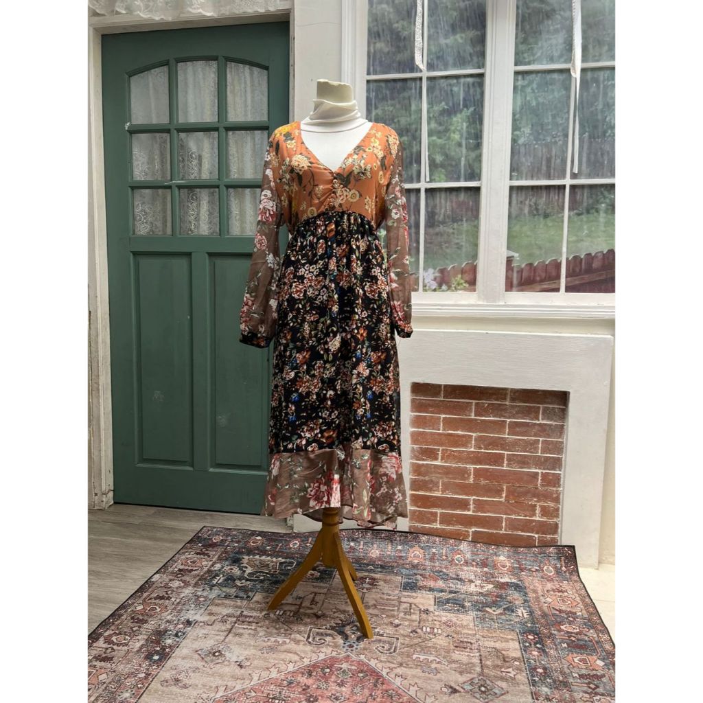 preloved floral chiffon midi dress z4ra V neck vintage cottage dress earth tone