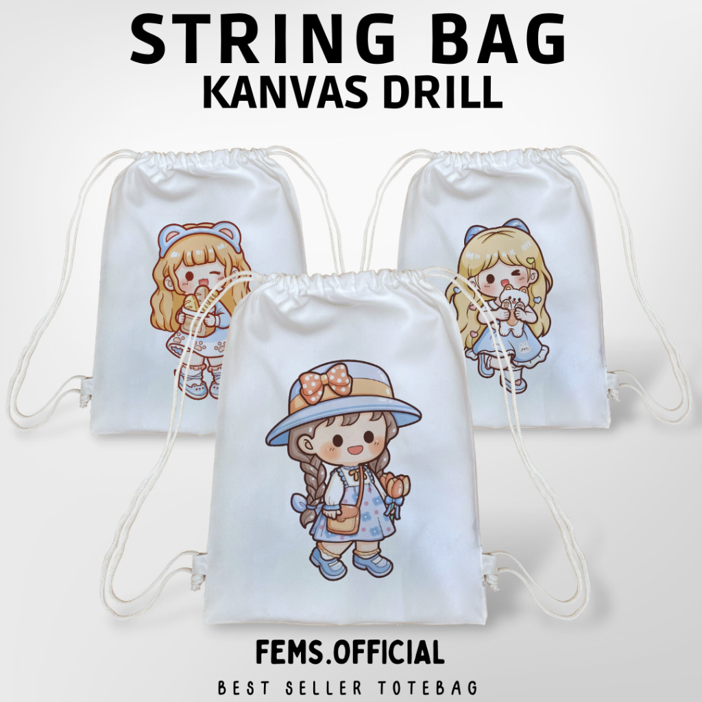 Tas Serut Kanvas Aesthetic String bag Kartun Putih Premium