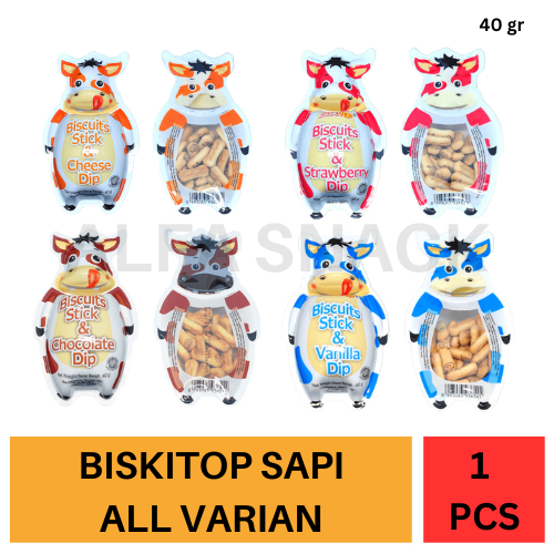 

Biskitop Sapi Stik Biskuit - Biskuit Stick & Dip - Rasa Cokelat, Vanilla, Keju, Stroberi