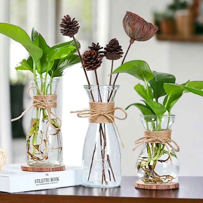 Vas bunga aesthetic / Vas kaca bening tali rami / Vas bunga meja tamu