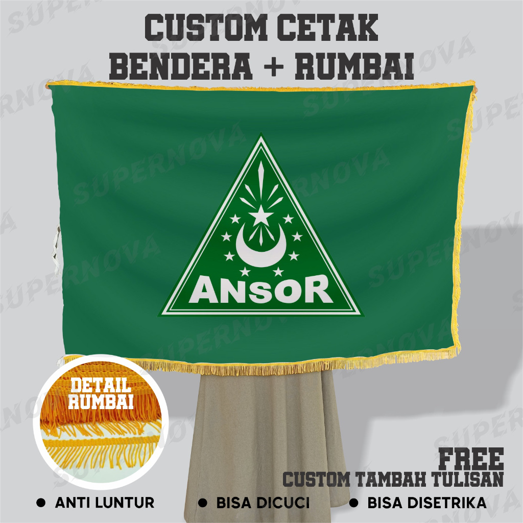 bendera pataka ruangan GP ANSOR bolak balik 2 sisi plus renda rumbai jumbo