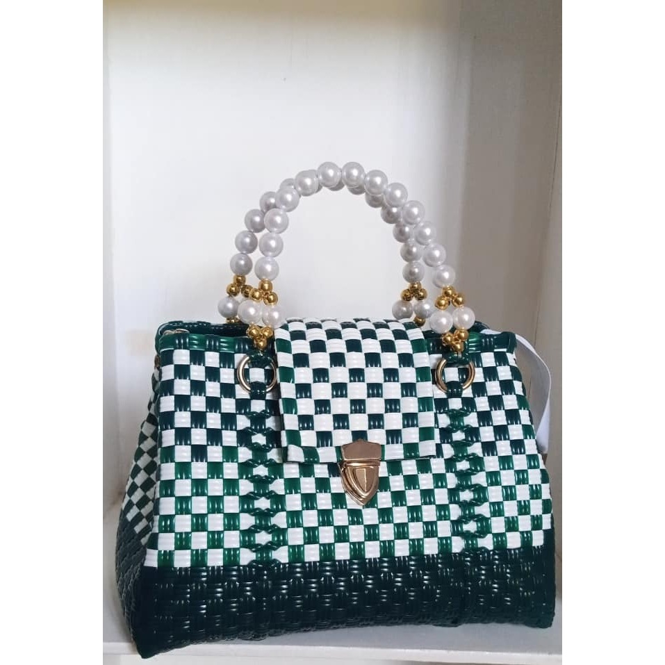 Tas Anyaman UKURAN M, Plastik Jali Premium, Resleting, Furin,g Handle Mutiar,a Ada Tutup, Tas Jali P