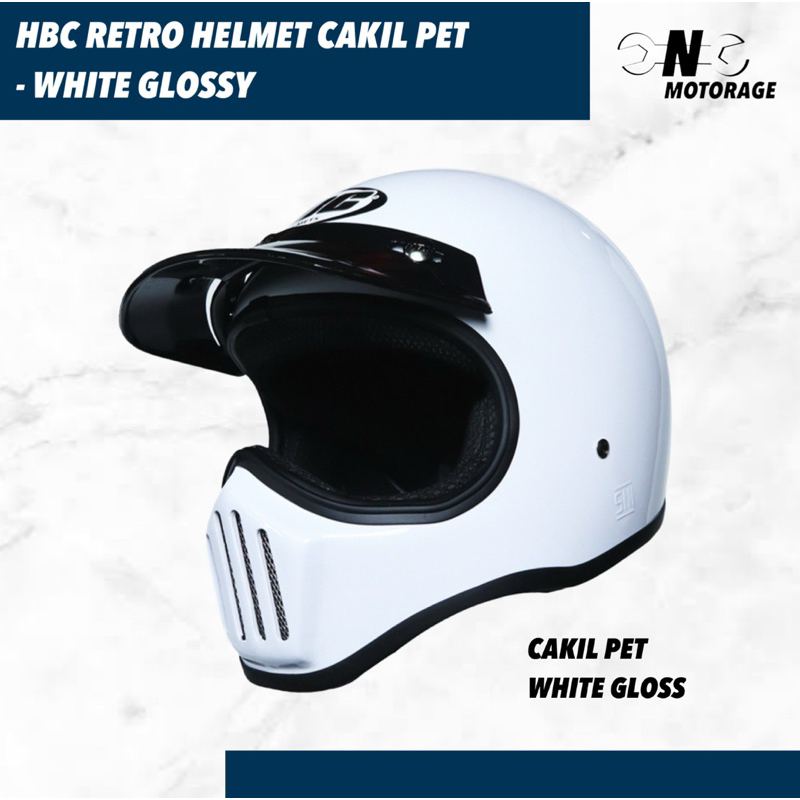 Helm Motor HBC Cakil Pet Full Face Retro - White Glossy / Putih Gloss