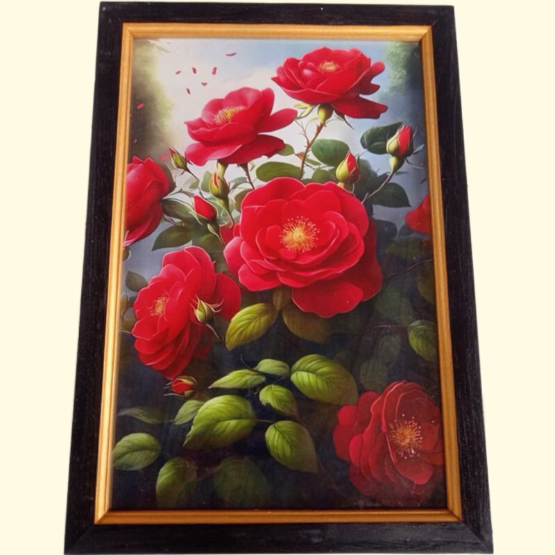 lukisan cetak gambar bunga mawar merah plus bingkai