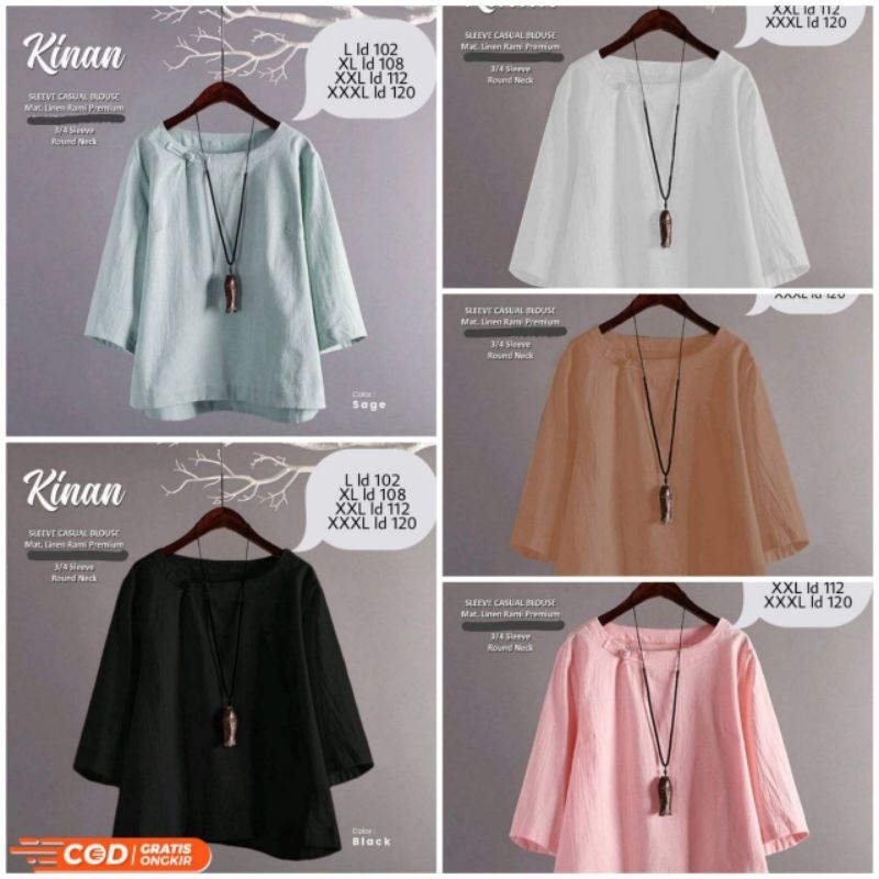 Baju Atasan Wanita | Kinan Blouse  | Blouse Linen Crinkle | Blouse Tanpa Kancing Lengan 3/4