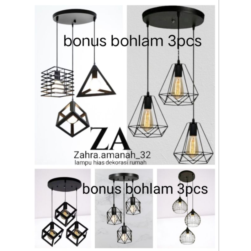 lampu gantung cabang bulat 3 in1+bohlam 3pcs