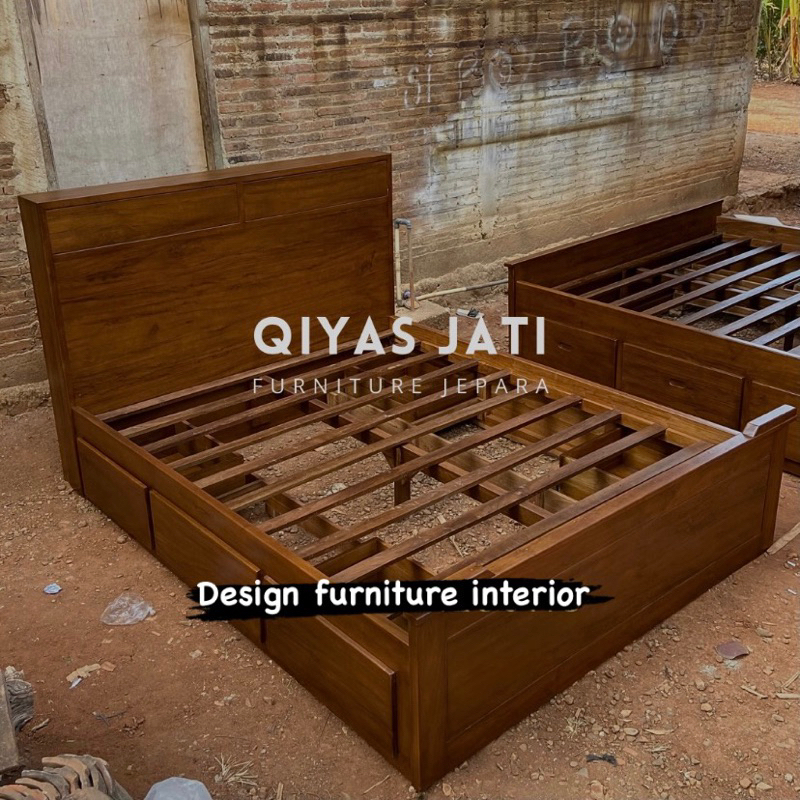 Dipan ranjang tempat tidur minimalis 4 laci kayu jati tua