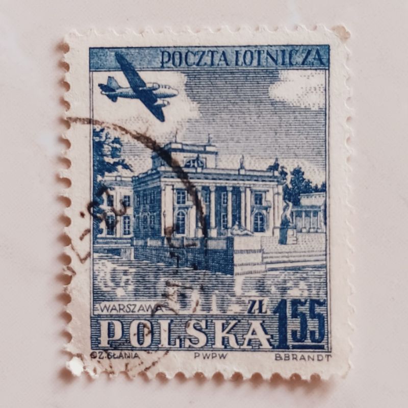 

(AD) Perangko Polandia 1954 Airplane over historic buildings 1,55 zł Used