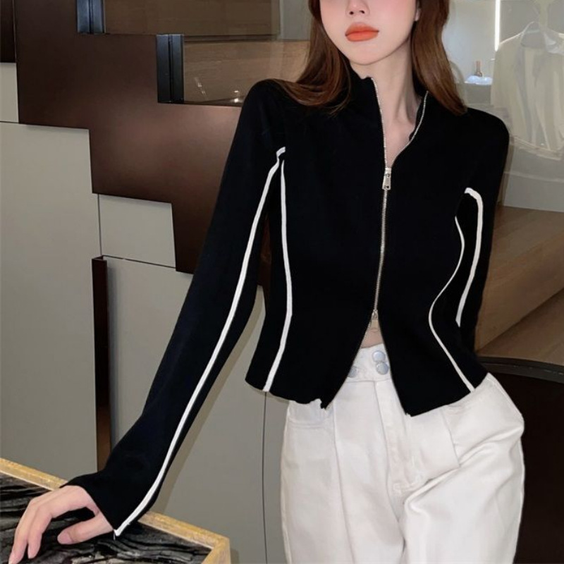 [TTEUDA]  Jaket Vintage Zipper Knit Import Premium | Atasan Wanita Monochrome Resleting Jaket Rajut 