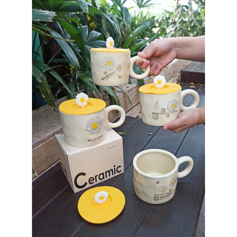 Mug Keramik Tutup Bunga Estetik – Cangkir Minum Kopi Teh Model Korea Lucu -HMO