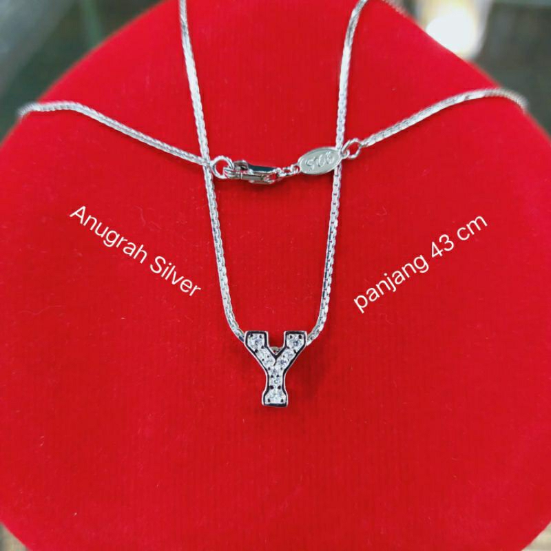Kalung perak asli 925 italy Santa+liontin tusuk huruf (Y) 43cm remaja & dewasa mata diamond putih ki