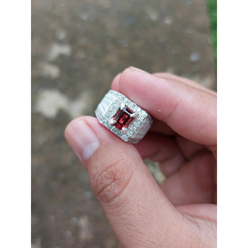 cincin berlian pria batu garnet cincin fashion cowok cincin berlian asli cincin laki cincin Silver handmade