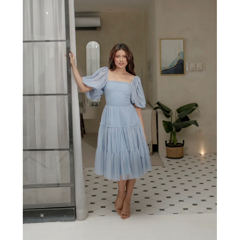 SAMANTHA DRESS - Dress pesta wanita A line midi dress square neck two way sabrina off shoulder puff 