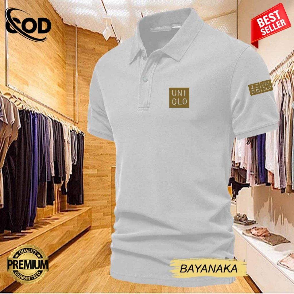 Baju Distro Style Polo Kerah Uniqlo + Lengan Text Gold Kaos Polo T Shirt Denim Premium Quality Atasa