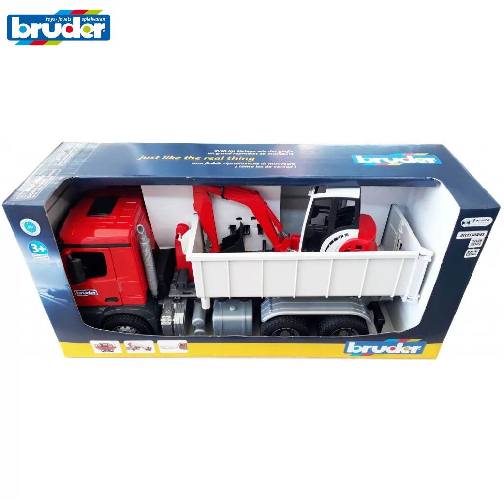 BRUDER 3624 Mercedes-Benz MB Arocs Truck With Roll Off Dump & Schaeff HR16 Mini Excavator ABRU03624