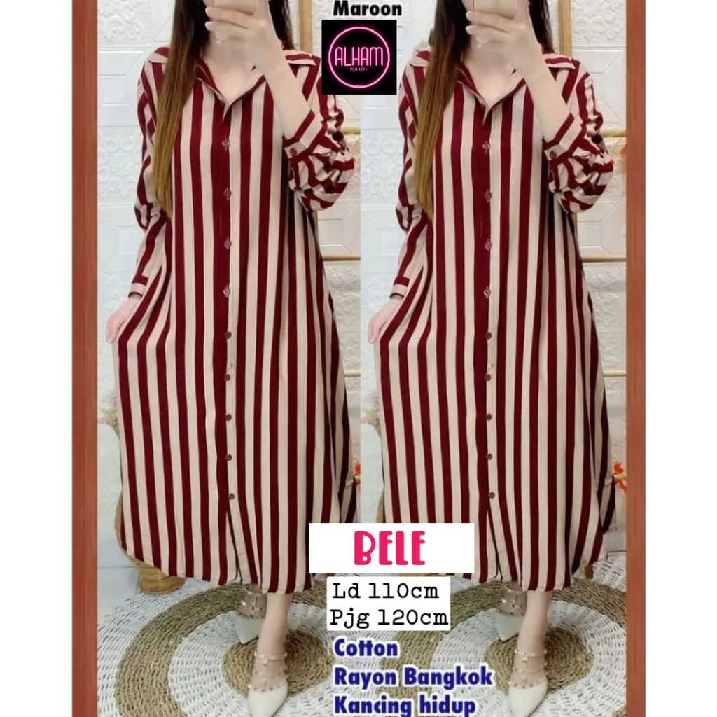 Bele Dress Alham Gamis Wanita Busui Salur Garis Garis Ld 110 Pjg 120 Terbaru Kekinian XXL Jumbo Bigs