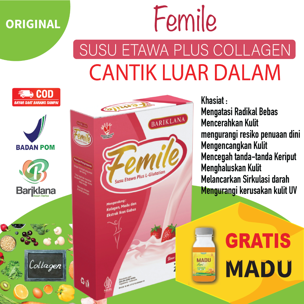 

[ BISA COD + GARANSI ] [ GRATIS MADU ] FEMILE Susu Etawa Plus L-Gluthatione dan Kolagen | Susu Etawa untuk Kecantikan dan Mencerahkan kulit | isi 200 gr