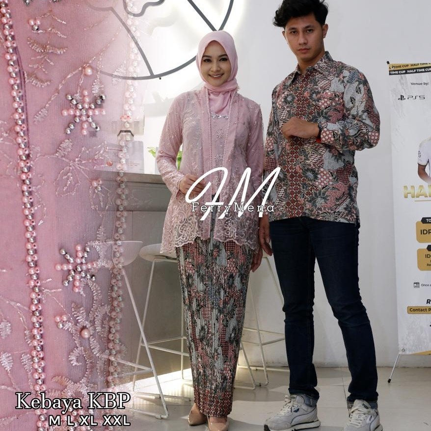 Setelan Kebaya Couple Kutu Baru Payet Dan Kemaja Batik Pria Panjang - rose gold