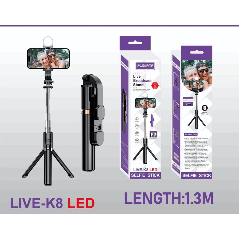 POLKAMA SELFIE TRIPOD TONGSIS STICK LED MINI TONGSIS BLUETOOTH K8 1.3M Tripod remot LED tongsis wire