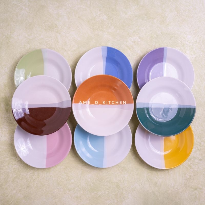 Piring makan bijian keramik 8" two tone 2 warna coklat/biru/orange/emerald