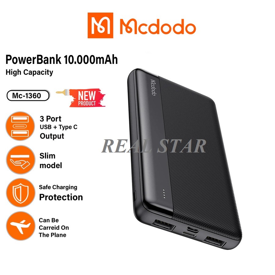 Mcdodo MC-1360 Power Bank 10000mAh Fast Charging 18W/20W Dual Output - Hitam