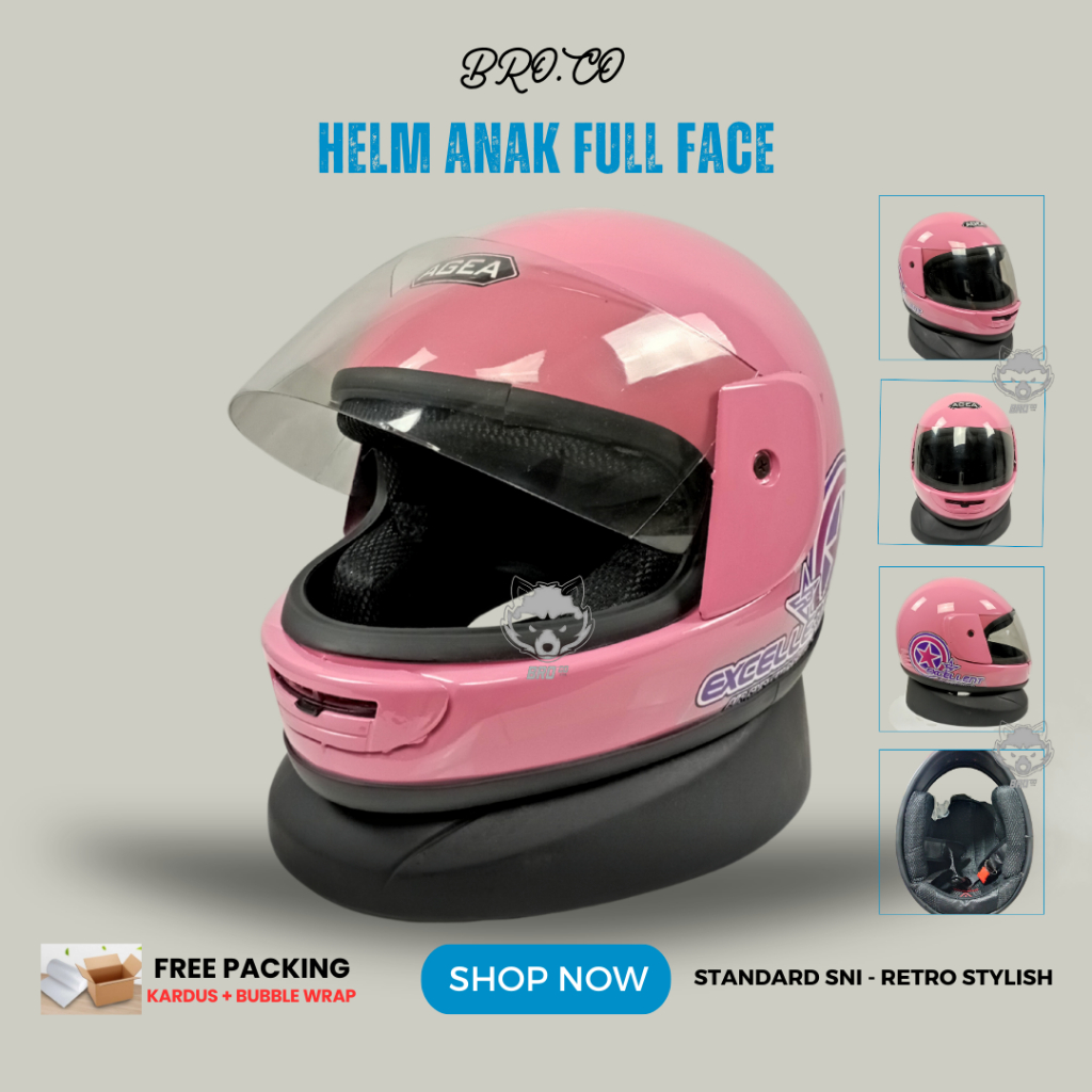 HELM FULL FACE ANAK ANAK KLASIK JUNIOR PREMIUM STANDARD SNI PINK PASTEL EXCELLENT BROKIDS BRO.CO UNT