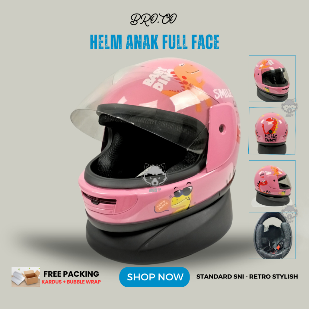 HELM FULL FACE ANAK ANAK KLASIK JUNIOR PREMIUM STANDARD SNI DINO DINOSAURUS PINK BROKIDS BRO.CO UNTU