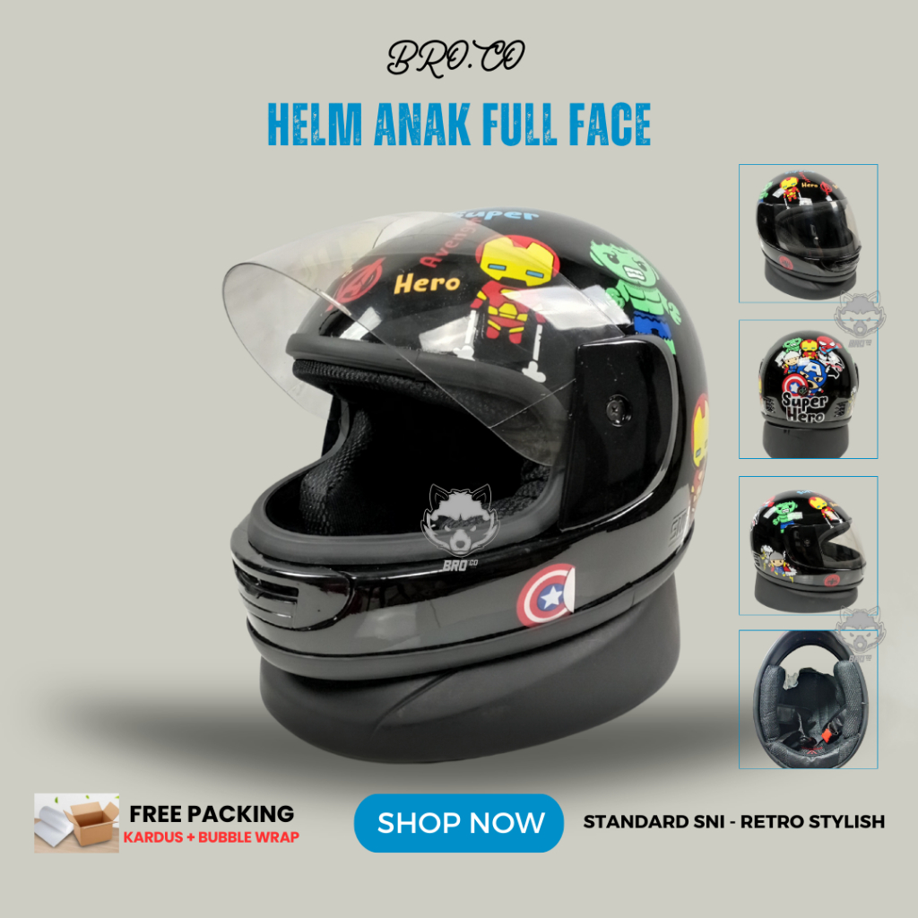 HELM FULL FACE ANAK ANAK KLASIK JUNIOR PREMIUM STANDARD SNI SUPERHERO HITAM GLOSSY BROKIDS BRO.CO UN