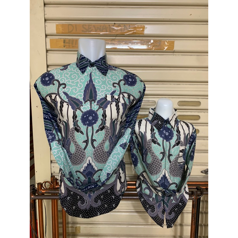 HIJAU MINT(tosca) burung,Batik PASANGAN Ayah dan Anak lapisan furing warna hijau mint,kemeja batik p