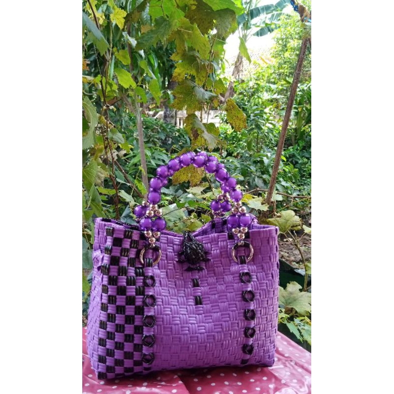 Tas Anyaman Anyam Pesta Jali Premium,Handle Mutiara, kancing
