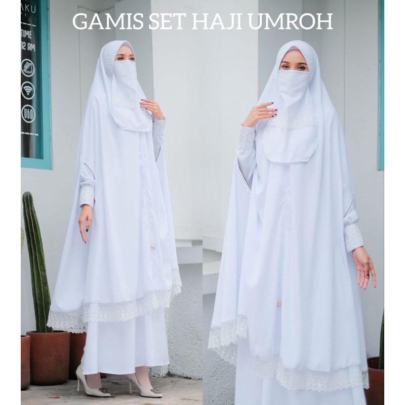 Fatimah Syari  haji umroh gamis set Jilbab cadar khimar bolong tangan renda gamis Polos Busui