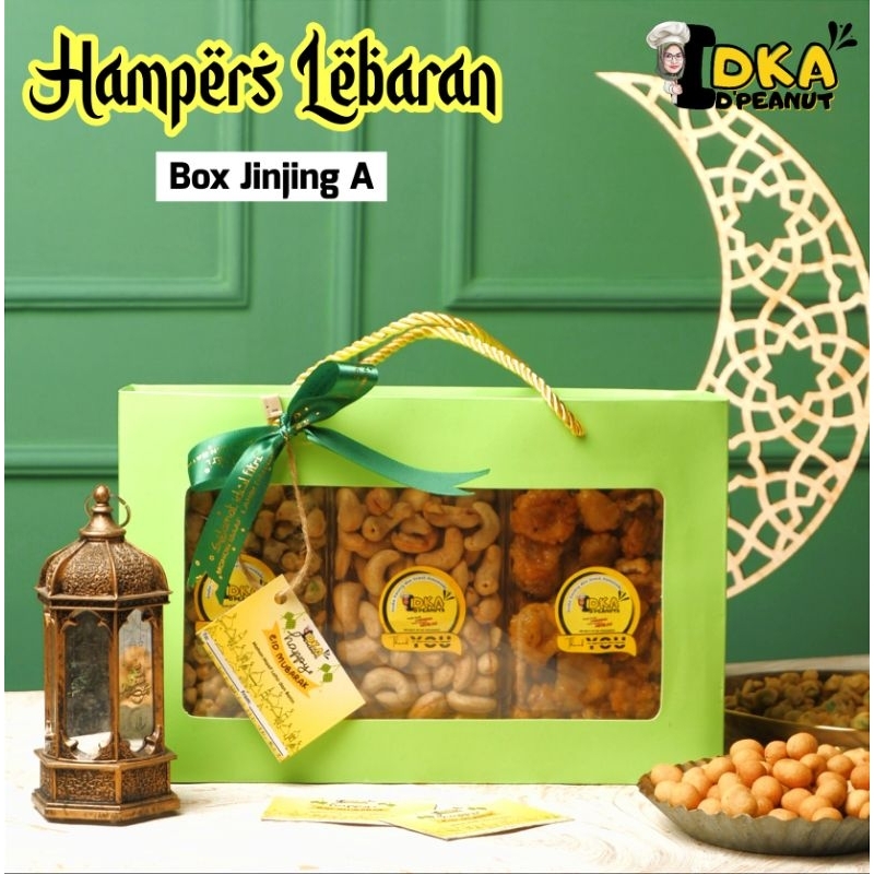 

HAMPERS LEBARAN / PARCEL LEBARAN BOX JINJING ISI 3 METE, MELINJO MANIS & BIDARAN KEJU