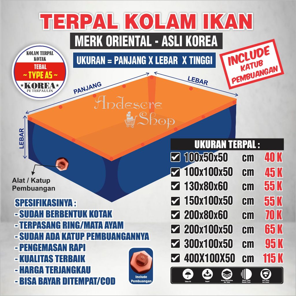 Kolam Terpal Ikan TAMBAK Type/Ketebalan A5 ( PLUS LUBANG PEMBUANGAN ) ASLI Korea Terpal Kolam Ikan K