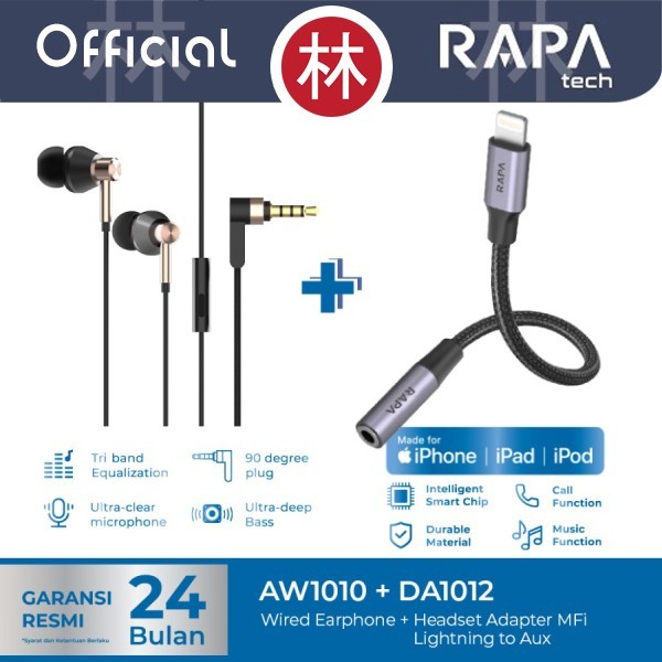 RAPAtech AW1010 & DA1012 Wired Earphone & MFi Adapter Lightning to AUX