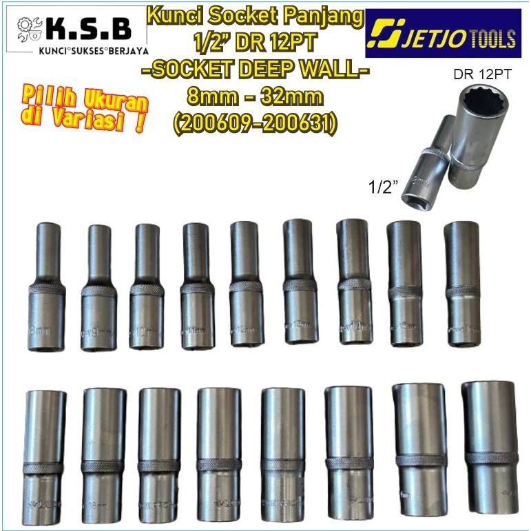 Kunci Socket Deep wall / Kunci Socket Panjang 1/2” DR 12PT ukuran 8mm/9mm/10mm/11mm/12mm/13mm/14mm/1