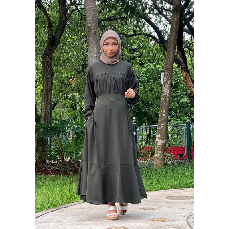 Best Seller Gamis Dress Khairun Hijab/Gamis Dress Megan Warna Bronze Green (Hijau Botol Tua)