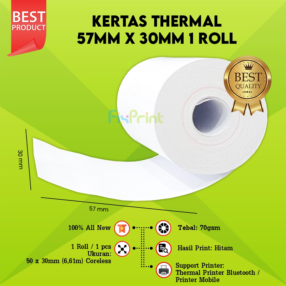 

1 Roll Kertas Struk Thermal Untuk Kasir 57mm x 30mm 1 Roll, Kasir EDC Paper Roll Struck Resi Ukuran 57 mm x 30 mm Coreless