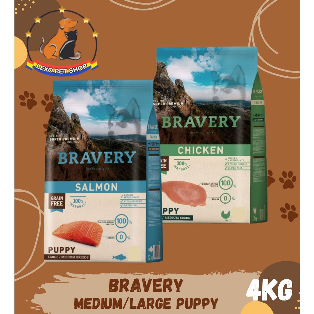 BRAVERY MEDIUM LARGE PUPPY 4KG  - Dog Food Makanan Anak Anjing Rasa Chicken Salmon Kering / Dry Dogf