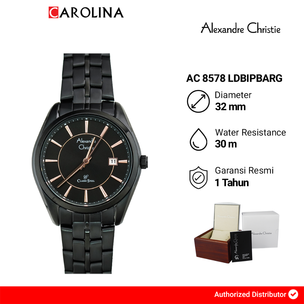 Jam Tangan Wanita Alexandre Christie Classic Steel AC 8578 LDBIPBARG Black Dial Black Stainless Stee