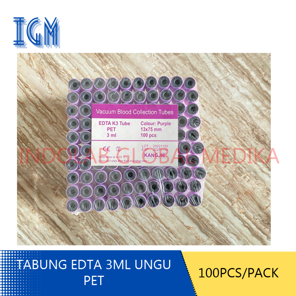 TABUNG DARAH K3 EDTA 3ML WARNA UNGU | VACUTAINER K3 EDTA 3ML WARNA UNGU ISI 100 PCS PET