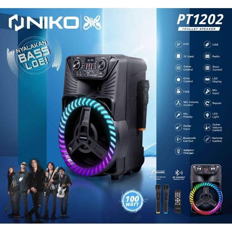 NIKO PT1202 Portable Speaker Trolley Meeting Bluetooth 12 inch 100 Watt RMS Free Mic 2 pcs