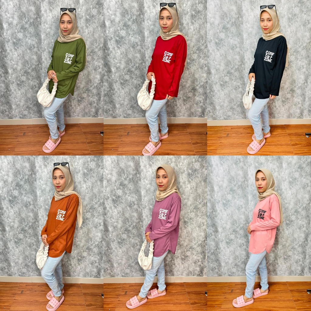 Kaos Oversize Wanita Katun Comfort Zone - Lengan Panjang Wanita baju atasan remaja combed distro Dewasa Kata T-Shirt Polos