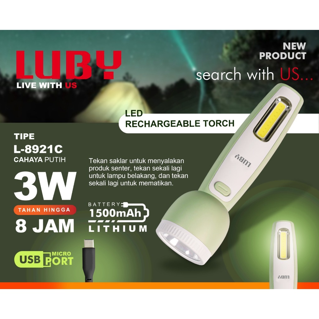LUBY L-8921C Lampu Senter 3Watt +10SMD LED Senter Tangan Emergency