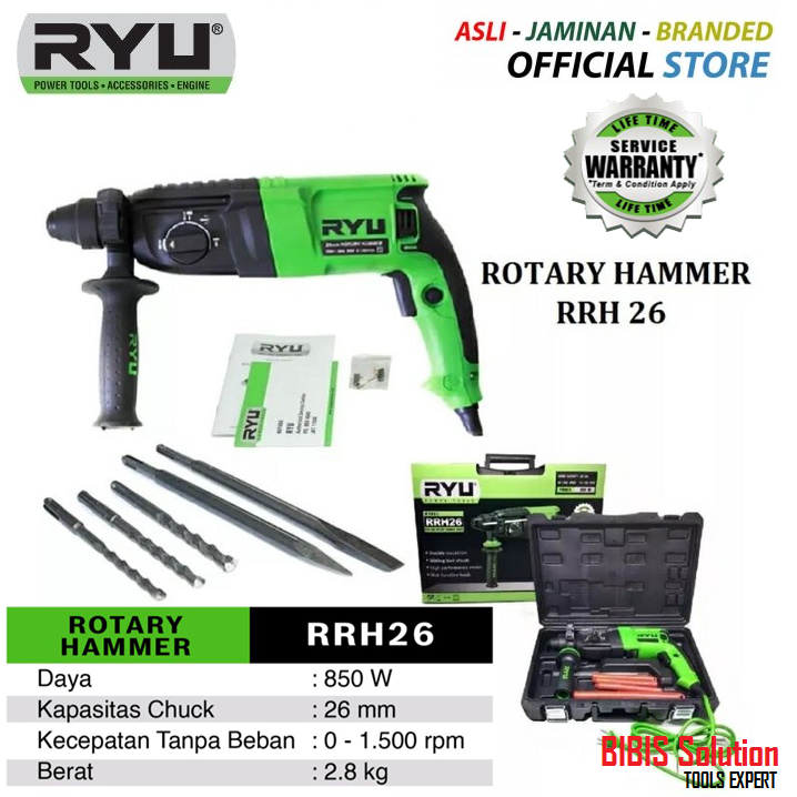 RYU Mesin Bor Beton SDS Plus Bor Bobok Tembok Hammer 3 Fungsi Rotary Hammer Drill RRH26 RRH 26