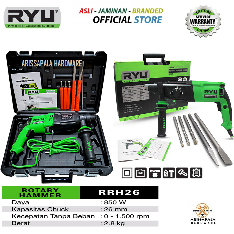 RYU Mesin Bor Beton SDS Plus Bor Bobok Tembok Hammer 3 Fungsi Rotary Hammer Drill Ryu RRH26