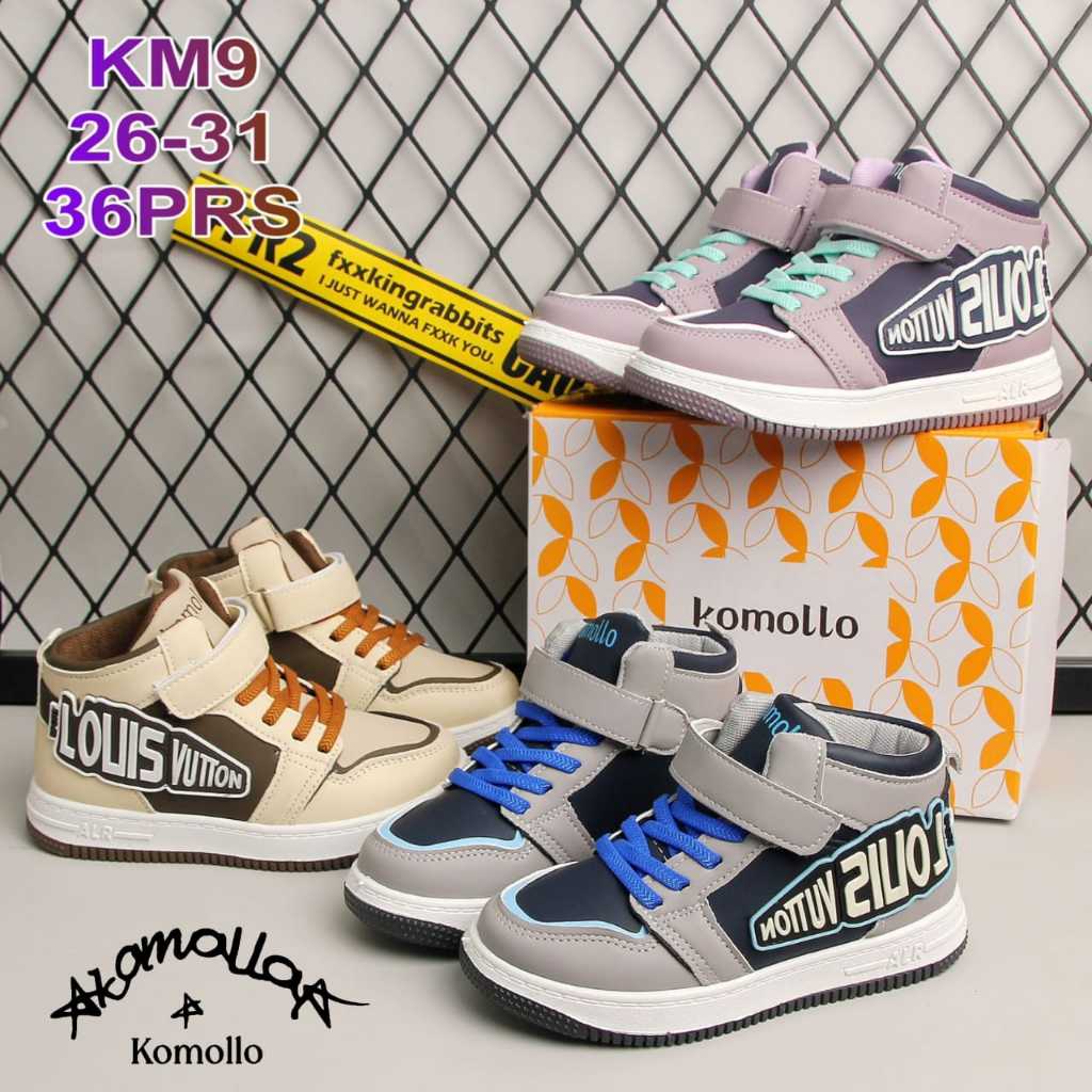 Sepatu Komollo Jordan LV Anak Kecil dan Remaja Krem Abu Ungu KM9