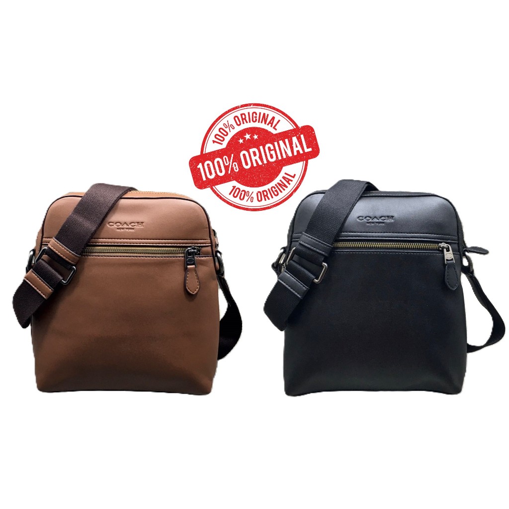 Tas Selempang Pria Kulit Asli Branded COACH Houston Flight Saddle Crossbody Bag Hitam Coklat Branded