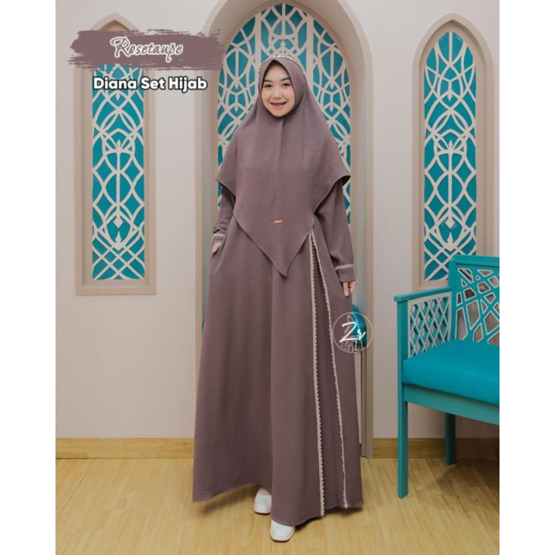 Baju Gamis Diana Set Hijab Syar'i Matt Cringkle Motif Renda LD 110 PJ 138 ORI By ZR