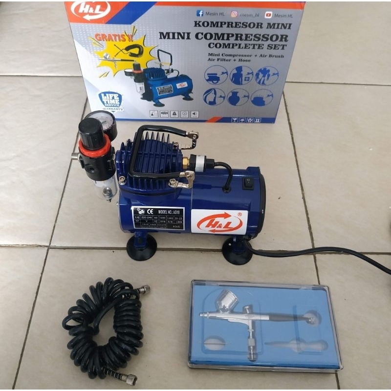 Mesin Kompresor Compressor Angin Listrik Mini H&L Set Komplit Selang dan Air Pen Brush