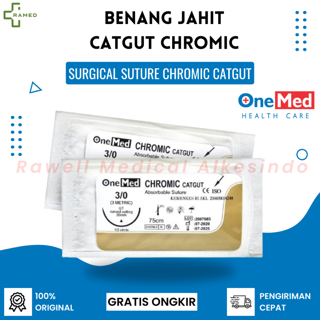 Benang Jahit Catgut Chromic + Jarum OneMed Per Pcs | Catgut 2/0 & 3/0